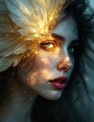 The primary subject of the image is a woman with long hair, wearing a feather headdress. She is looking at the camera with a mysterious and enchanting expression. The setting is a dark room, and the visual style is a combination of a photo and digital art. The colors in the image are predominantly dark, with the woman's eyes being the only bright spot, creating a moody and captivating atmosphere.